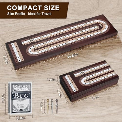 Cribbage Board Game Set, Premium Wooden Board with Magnetic Lock and Built-in Storage, Deck of Cards & 9 Metal Pegs, Fun 2–3 Player Travel Game for Adults and Family - size: Foldable