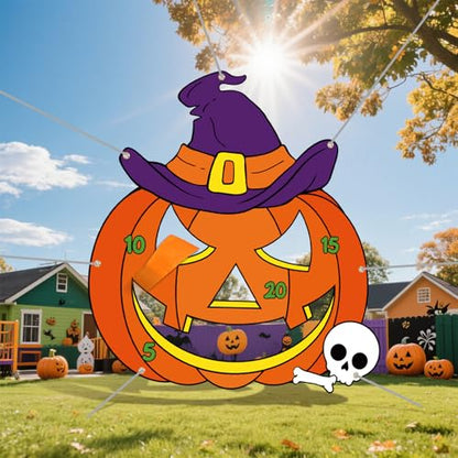 Tiamon Halloween Pumpkin Bean Bag Toss Game Banner with 3 Bean Bags, 47x45 Large Pumpkin Halloween Toss Game, Trick or Treat Party Supplies, Classroom Carnival Fall Festival Activities