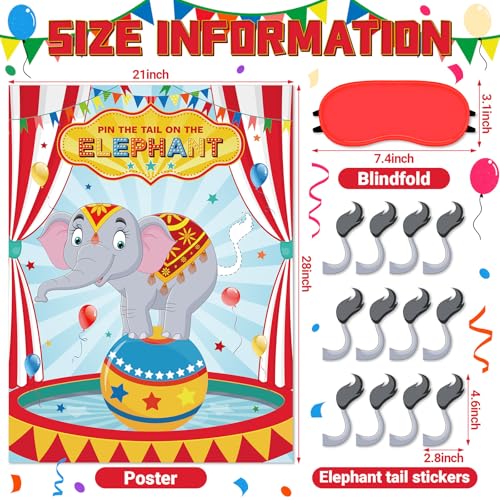 Faccito Carnival Circus Party Games Pin The Stickers on The Large Poster with 24 Pcs Stickers Blindfold Carnival Pin Game Set for Circus Birthday Party Decorations Activities Supplies(Elephant) - style: Elephant