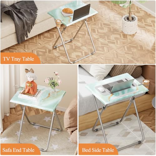 TV Trays Table Set of 2 Portable Folding TV Tray Table TV Dinner Tray with Sturdy MDF, Small Folding Tables with Phone & Tablet Slot, No Assembly Required, 15 x 18.9 x 25.6 in (Sea Blue Marble, 2Pcs) - color: Sea Blue, size: 2PCS