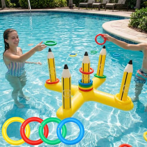 Skylety 3 ft Back to School Inflatable Pencil Ring Toss Game with 5 Colorful Rings Pool Ring Toss Toys for Family Summer Pool Birthday Party Inflatable Games Giant Outdoor Lawn & Yard