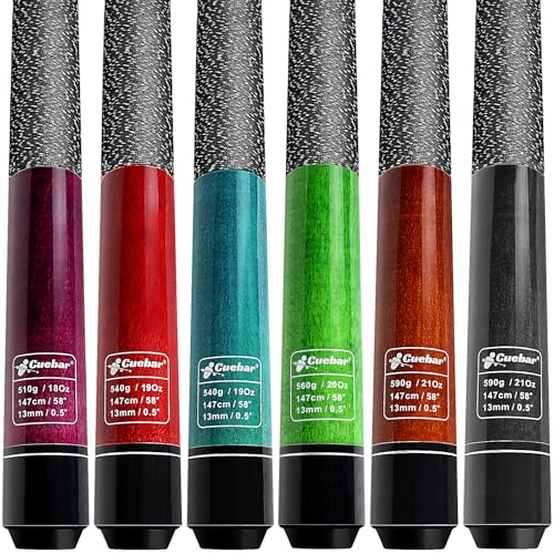 Pool Cues Set of 6, 58" 2-Piece Billiard Stick with Linen Grip & 13mm Tip, Pro Maple Cues in 4 Weights (18-21oz) for Home Bar - color: Purple+Red+Teal+Green+Brown+Black