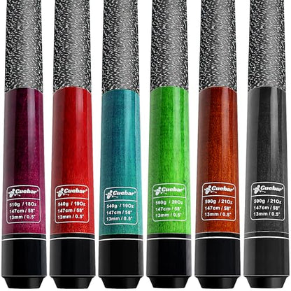 Pool Cues Set of 6, 58" 2-Piece Billiard Stick with Linen Grip & 13mm Tip, Pro Maple Cues in 4 Weights (18-21oz) for Home Bar - color: Purple+Red+Teal+Green+Brown+Black