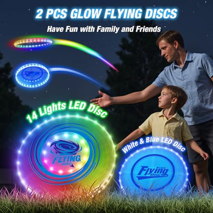 HYES 2 Pack Light up Flying Discs for Kids, Rechargeable Disc with 45 LEDs, 14 Lighting Modes(10")&Built-in Battery Disc(7.8"), Glow in The Dark Ring for Beach/Camping/Outdoor Sport - size: 2PCS: 10in + 7.8in