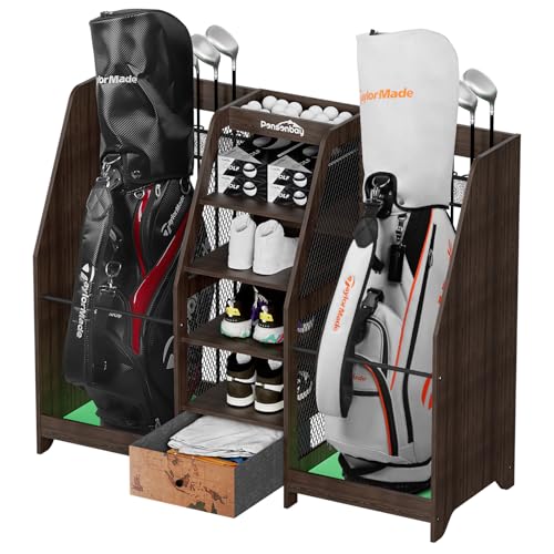 Golf Bag Storage Organizer for Garage, Premium Wooden 2 Golf Bags Rack with Drawer, Easy Assemble Golf Club Stand/Holder Suitable for Garage Home Simulator and Office - color: Black