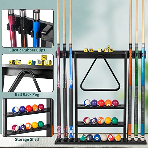 Black Pool Stick Holder, Wall Mount Pool Cue Rack ,Solid Wood Floor Stand for billiard cue sticks,Holds 6 Pool Cues & a Full Set of Balls,Professional Pool Table Accessories for Billiard Room or Club
