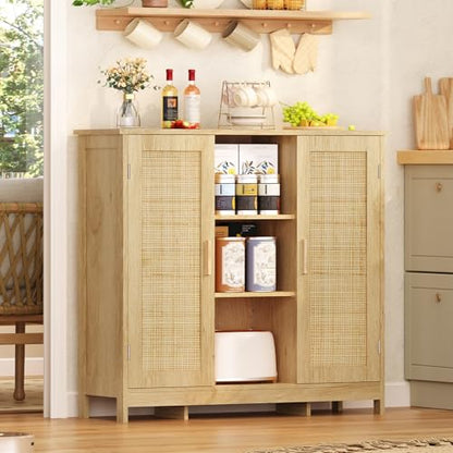 Iwell Rattan Storage Cabinet with 4 Adjustable Shelves, Coffee Bar Cabinet, Sideboard Buffet for Kitchen, Living Room, Entryway, Natural - color: Natural