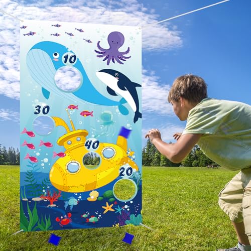 Blulu Ocean Animal Toss Games Banner with 4 Bean Bags Toss Game Indoor Outdoor Dolphin Whale Octopus Blue Birthday Party Decorations for Ocean Animal Theme Party Supplies Photo Background Backdrop
