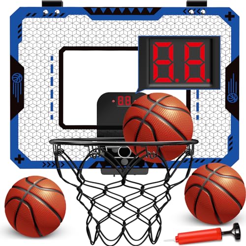 Basketball Hoop Indoor for 5 6 7 8 9 10+ Year Old Boys Kids, Mini Basketball Hoop with Electronic Scoreboard Over The Door, Birthday Gift Sport Toys - color: Blue