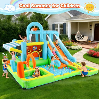 JOYLDIAS Inflatable Water Slide Bounce House for Kids, Luxury Heavy Duty Blow Up Water Park with Double Slides, Climbing Wall, Splash Pool and Sunshade Awning - Ideal Backyard Gift for Toddlers & Kids - color: 10 in 1