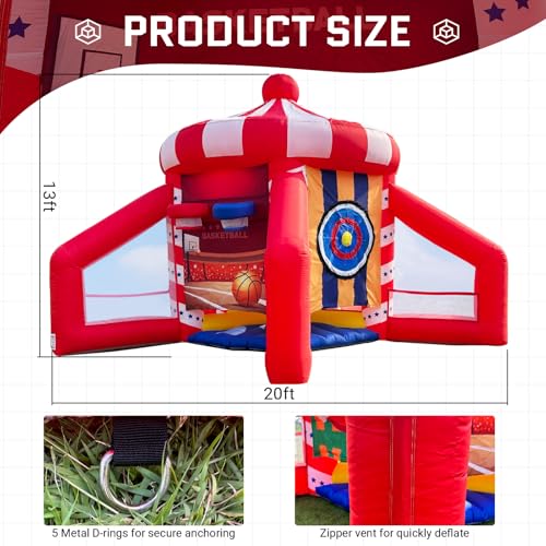 OZIS 5-in-1 Inflatable Carnival Game with Blower, Portable Basketball Hoop, Axe Throw, Soccer Target, Ring Toss, Tic-Tac-Toe for Backyard and Party, White & Red