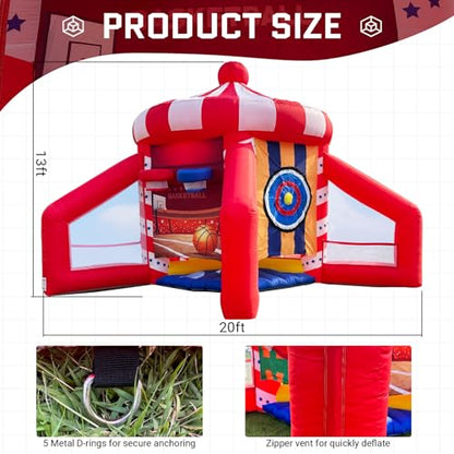 OZIS 5-in-1 Inflatable Carnival Game with Blower, Portable Basketball Hoop, Axe Throw, Soccer Target, Ring Toss, Tic-Tac-Toe for Backyard and Party, White & Red
