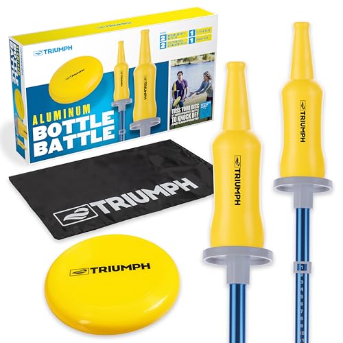 Triumph Bottle Battle Game Set – Fast-Paced Disc Toss Lawn Game with Adjustable Poles, 2 Bottles, 2 Platforms, Built-in Scorers & Competition Disc – Fun Outdoor Game for Tailgates, BBQs & Beaches