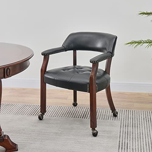Set of 4 Dining Chair with Casters, Accent Captains Leather Chairs with Wheels & Arms,Wheeled Roller Wood Chairs for Kitchen & Game Poker Table,rCherry&Black 1533BK(NO Table!) - color: Cherry&black