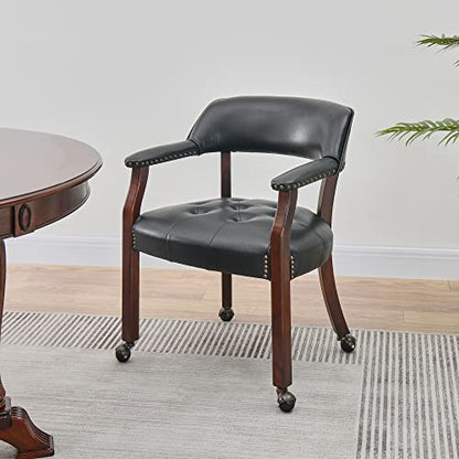 Set of 4 Dining Chair with Casters, Accent Captains Leather Chairs with Wheels & Arms,Wheeled Roller Wood Chairs for Kitchen & Game Poker Table,rCherry&Black 1533BK(NO Table!) - color: Cherry&black
