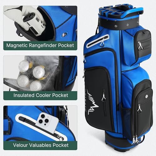 uniHimal Golf Cart Bag with 14-Way Full-Length Dividers, Golf Bag for Men Women with Magnetic Leather Pocket, Handles and Rain Cover, Lightweight Golf Club Bag Includes Cooler Pockets - color: Blue