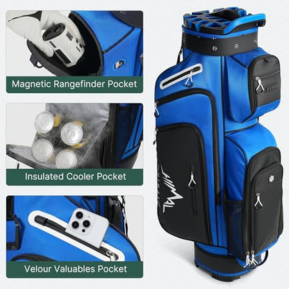 uniHimal Golf Cart Bag with 14-Way Full-Length Dividers, Golf Bag for Men Women with Magnetic Leather Pocket, Handles and Rain Cover, Lightweight Golf Club Bag Includes Cooler Pockets - color: Blue
