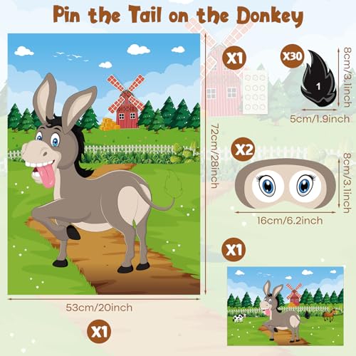 PLULON Pin The Tail on The Donkey Game for Kids with Tail Stickers, Donkey Poster Kids Pin Game Birthday Party Favors Gifts Carnival Home Wall Decorations Classroom Family Activities - style: Donkey