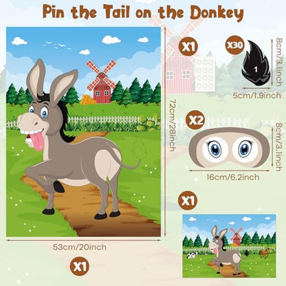 PLULON Pin The Tail on The Donkey Game for Kids with Tail Stickers, Donkey Poster Kids Pin Game Birthday Party Favors Gifts Carnival Home Wall Decorations Classroom Family Activities - style: Donkey
