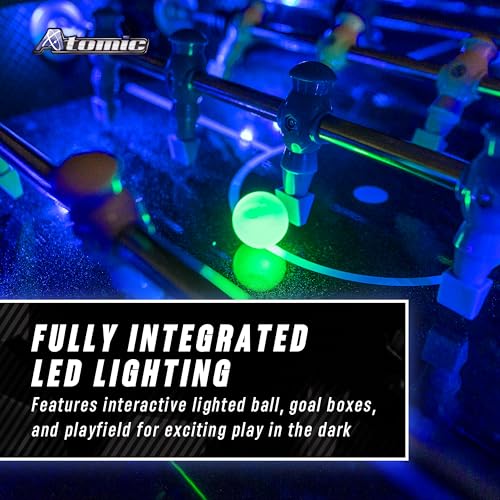 Atomic Azure LED Foosball Table – Light Up Arcade Style Table with In-Rail LED Lighting, Music, Electronic Scoring, Glow Foosball, 47” x 27” Playfield