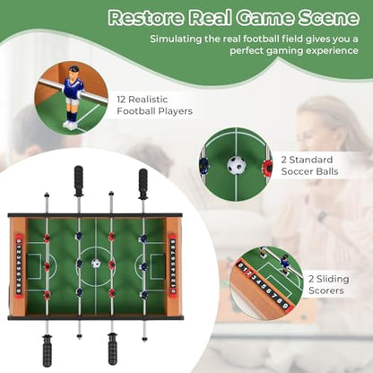 Mini Foosball Table, Arcades 20 Inch Wooden Table with Recreational Hand Soccer, 12 Soccer Players & 2 Football, Tabletop Ball Game Set for Kids & Adults, Game Room, Family Night