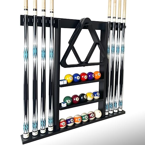 Wall Mount Pool Cue Stick Holder, Black Solid Wood Rack for 8 Cues - color: Black
