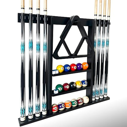 Wall Mount Pool Cue Stick Holder, Black Solid Wood Rack for 8 Cues - color: Black