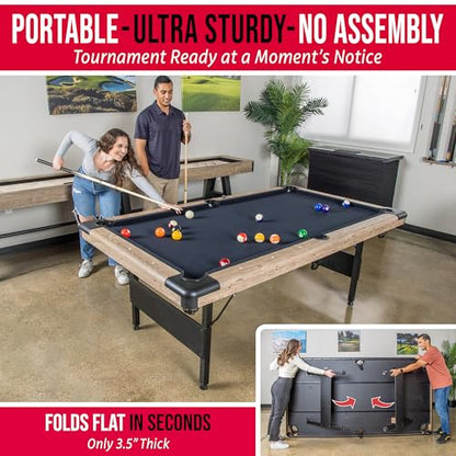 GoSports 6, 7, or 8 ft Billiards Tables - No Assembly, Choose Your Color - Portable Pool Table Includes Full Set of Balls, 2 Cue Sticks, Chalk and Felt Brush - style: 7 ft Oak