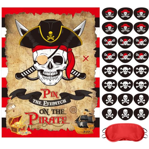 Faccito Pirate Party Games Pin The Eye Patch on The Pirates Birthday Decorations Pin Games Set Include Skull Poster 24 Stickers and Blindfold for Pirates Birthday Party Decorations Activities Supplies - style: Pirate