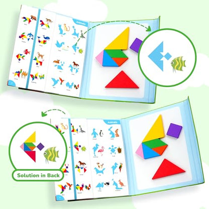 BenBen Travel Tangram Puzzle with 2 Sets Magnetic Wooden Shapes for Kids | Extra Large Dual-Sided Magnet Surface, Color Pattern IQ Book, Road Trip Car Plane Game, Educational STEM Toys for Kids Adults - style: 14 Pieces Blocks