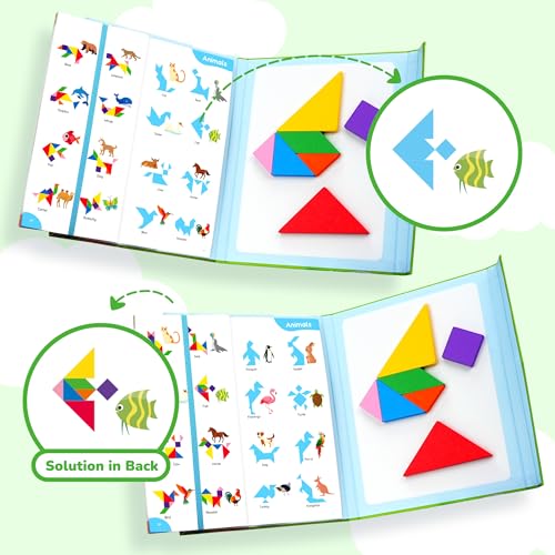 BenBen Travel Tangram Puzzle with 2 Sets Magnetic Wooden Shapes for Kids | Extra Large Dual-Sided Magnet Surface, Color Pattern IQ Book, Road Trip Car Plane Game, Educational STEM Toys for Kids Adults - style: 14 Pieces Blocks