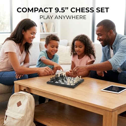 Magnetic Chess Set, 9.5” Foldable Board with Storage, Staunton Pieces, 2 Extra Queens, Travel Chess Game for Kids and Adults
