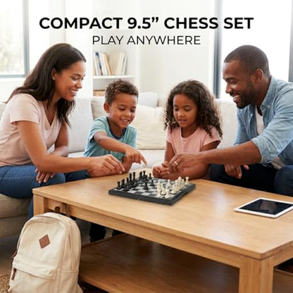 Magnetic Chess Set, 9.5” Foldable Board with Storage, Staunton Pieces, 2 Extra Queens, Travel Chess Game for Kids and Adults