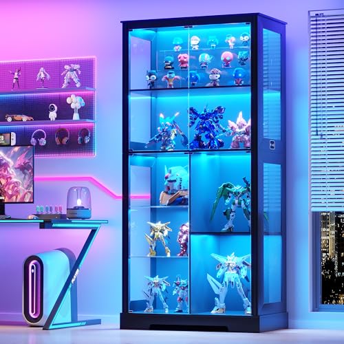 Gurexl Modern Glass Display Cabinet with Human Body Sensor, 7-Tier Curio Cabinet with Glass Doors & 3 Color Lights, Tall Display Case for Collectibles, Living Room, Black - color: Black
