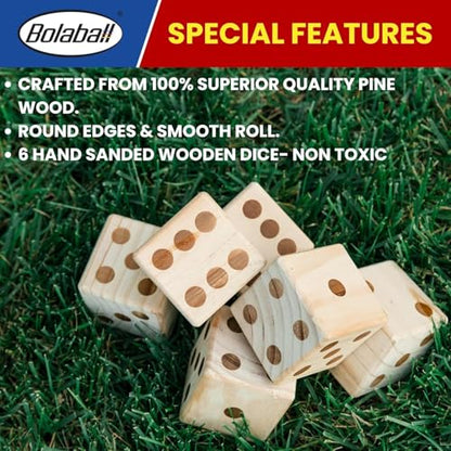 Bolaball 3.5" Giant Wooden Yard Dice Set Pack of 2 for Outdoor Fun, Barbeque, Party Events, Backyard Games, Beach Games, Lawn Game Includes 6 Dice and a Carry Bag for Easy Storage