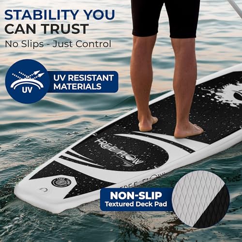 SereneLife 10’6" Inflatable Stand Up Paddle Board with Premium SUP Accessories - Wide Stable Design with Non-Slip EVA Deck Pad, for Youth and Adults, 350 lbs. Capacity - color: Black and Gray