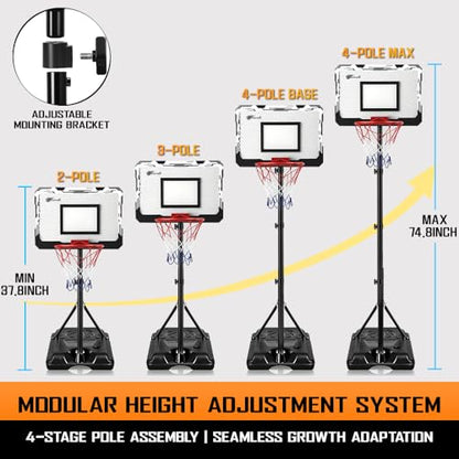Kids Portable Basketball Hoop, Adjustable Height 38-75in/3.2-6.2FT Tall Toddler Basketball Toy, Fillable Base, Indoor Outdoor Backyard Pool Sport Game Gift for Boy Girl Ages 3 4 5 6 7 8 Years Old