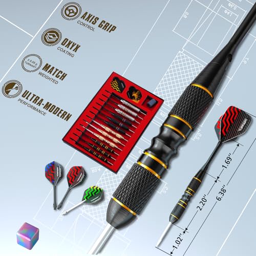 Turnart Darts Metal Tip Set - Steel Tip Darts Darts Set Professional Metal Darts 12 pcs 22/24 Grams Pro Dart Set with Stylish Case Aluminum Shafts Extra 9 Flights - color: Red