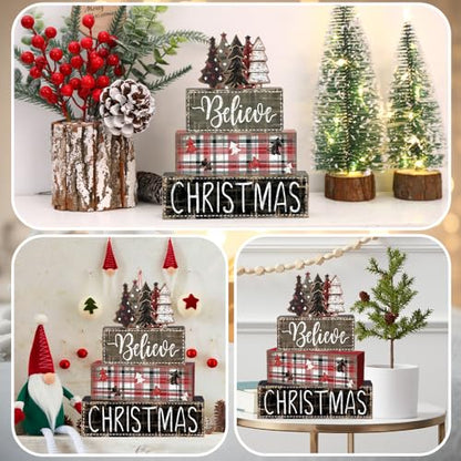 DIYDEC 4Pcs Christmas Table Decoration Christmas Tree Wooden Block Sign Xmas Tiered Tray Decor Winter Centerpiece Decorative Sign for Holiday Tabletop Coffee Fireplace Shelf Desk Party Decor - style: Black Tree