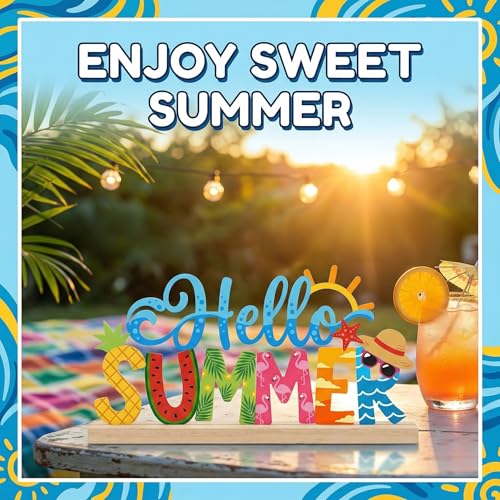 Hello Summer Table Decorations Summer Tropical Metal Table Sign Beach Holiday Tabletop Centerpiece Beach Tiered Tray Decor for Home Kitchen Mantel Party Centerpieces - style: Hello Summer