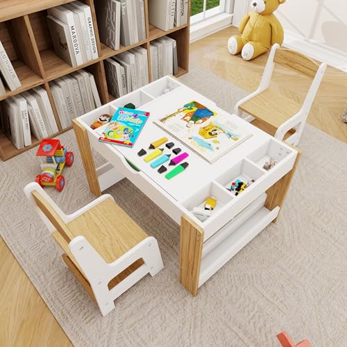 3 in 1 Play Table & 2 Chairs Set, Gaming Table with 7 Storage Compartments Compatible with LEGO Building Block, Modern Activity Learning Table Game Furniture, White+Green - size: 32''×23'' with chairs set