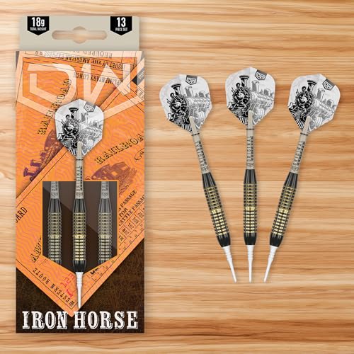 DW Ironhorse Brass Soft Tip Darts, 18G / 20G | Pixel Tip Dart Set with Storage Case Wallet, Black & Gold Darts, Plastic Tips, Professional Darts Accessories