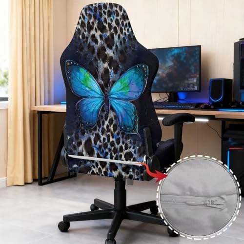 Suobstales Butterfly Leopard Print Gaming Chair Covers with Armrest Covers, Elastic Computer Chair Slipcovers Stretchable Washable Gaming Chair Seat Cover - color: Butterfly Leopard