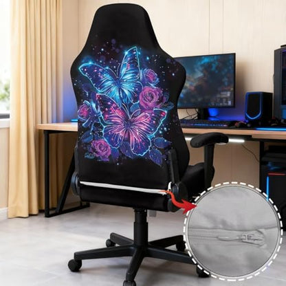 Suobstales Butterfly Rose Pattern Gaming Chair Covers with Armrest Covers, Elastic Computer Chair Slipcovers Stretchable Washable Gaming Chair Seat Cover - color: Butterfly Rose