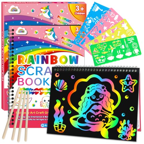 ZMLM Scratch Paper Art Craft: 2 Pack Rainbow Scratch Set for 3 4 5 6 7 8 9 10 Years Old Girls Boys Students Drawing Coloring Black Magic Art Supplies Kits Gifts School Birthday Party Toys (Mermaid) - style: Mermaid