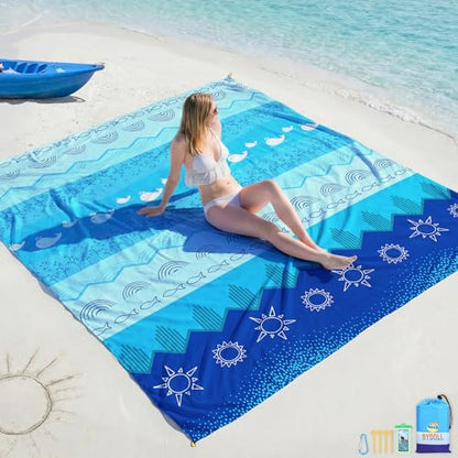 BYDOLL Beach Blanket Waterproof Sandproof Large Sand Free,78''X81''/10'X9' Oversized Sandless Lightweight Blanket Picnic Mat for Beach Travel Camping Hiking with Stakes - color: Sea, size: 78"X81"