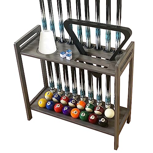 Pool Stick Holder Floor Stand Holds 9 Cues & Pool Table Accessories. Wooden 2-Tier Cue Stick Storage with Ball Rack Hangers, Billiard Cone Chalk Holder or Drink Pads - color: Grey