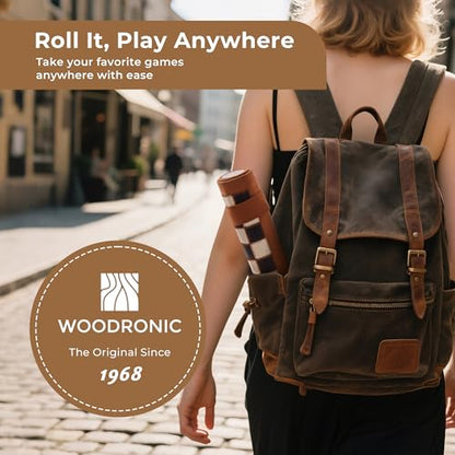 Woodronic 3 in 1 Travel Chess Backgammon Checkers Set, Roll-up Leather Backgammon Set with 32 Premium Pearl Pieces and 5 Dices, Portable Travel Chess Board Game Set for Adult,14x10 Inch - color: Brown