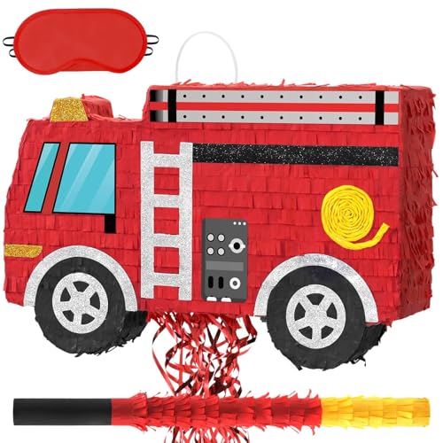 WERNNSAI Fire Truck Piñata - Firetruck Birthday Decorations Piñata for Boys Kids Firefighter Truck Theme Birthday Party Game Decorations Bundle with Blindfold and Bat - style: Fire Truck