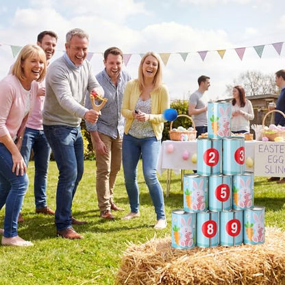 37 Pcs Party Knockdown Can Games Set 2-in-1 Bean Bag Toss and Slingshot Shooting Game with Metal Cans Bean Bags Slingshots Foam Balls for Family Gatherings Carnival